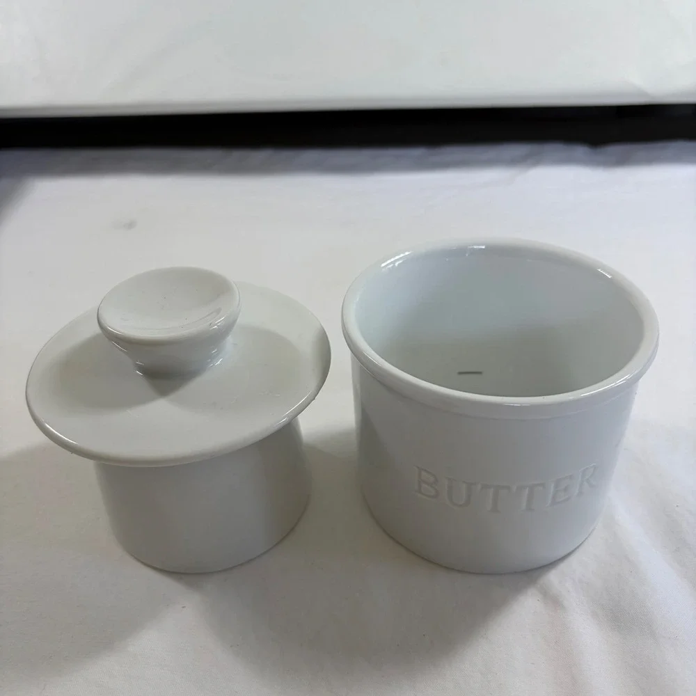 White Ceramic French Butter Bell Crock Farmhouse Embossed Butter Keeper